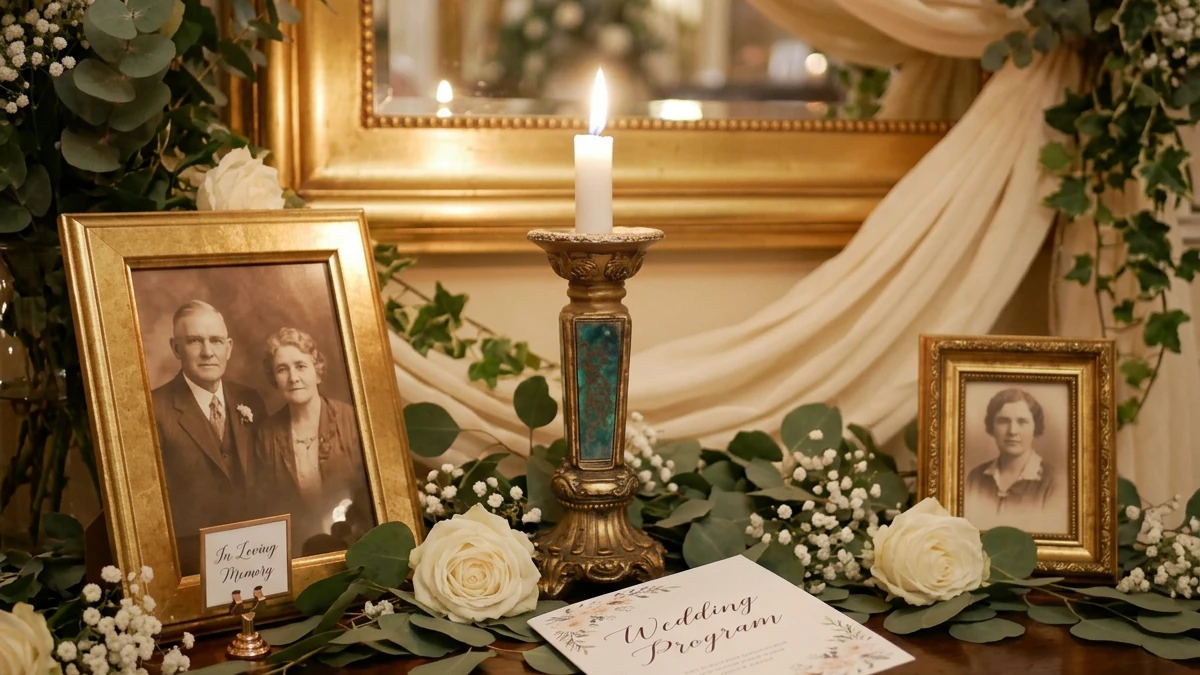 Wedding program lying beside framed family photographs and a lit candle on a memorial table at a ceremony entrance