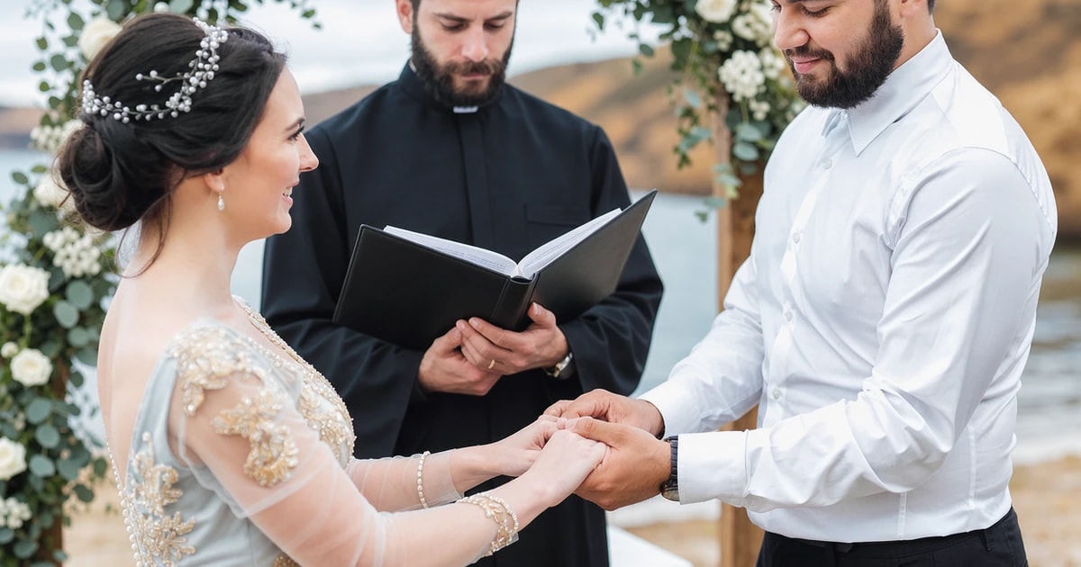 Wedding officiant reading the ceremony script from a folder as the couple holds hands at an outdoor altar