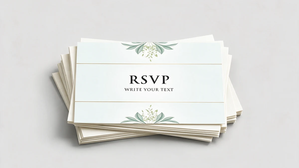 Stack of cream RSVP cards with a gold line border and green botanical motif on a pale background