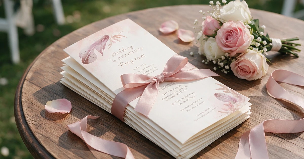 Stack of cream wedding ceremony programs tied with satin ribbon on a wooden table beside fresh roses before an outdoor wedding
