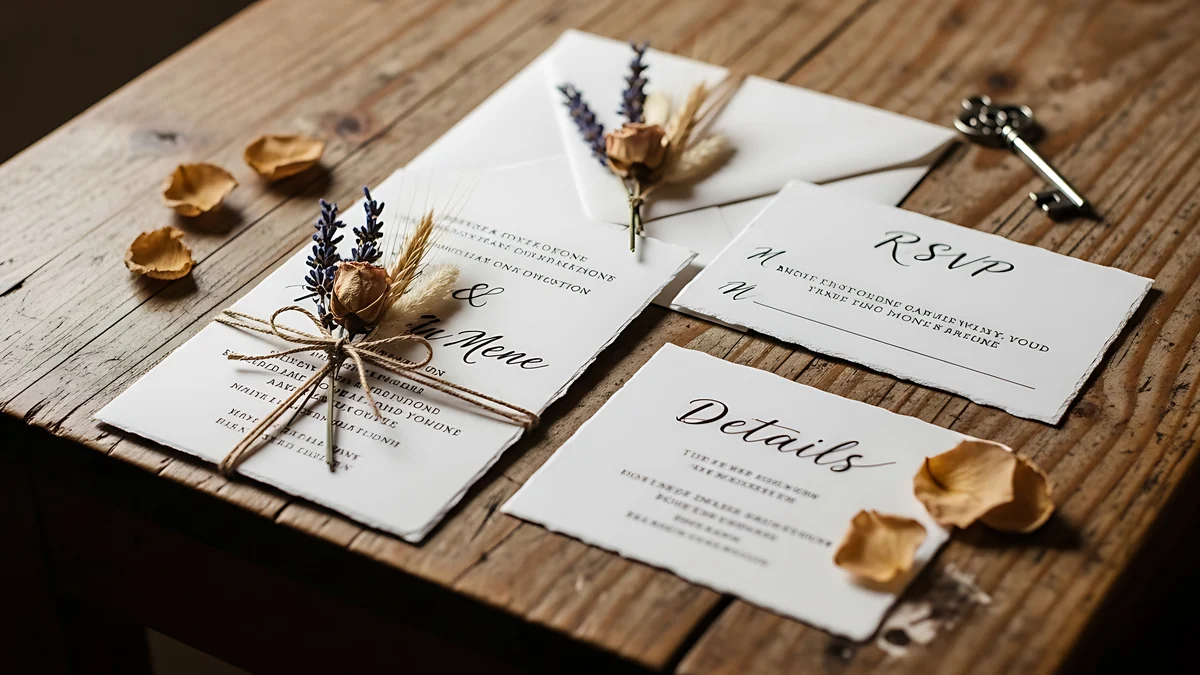 Wedding stationery suite with deckled edge invitation, RSVP and details cards tied with twine and dried lavender