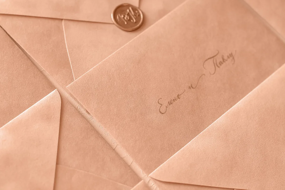 Peach wedding envelope addressed by hand in calligraphy and closed with a wax seal, showing how to address wedding invitation envelopes
