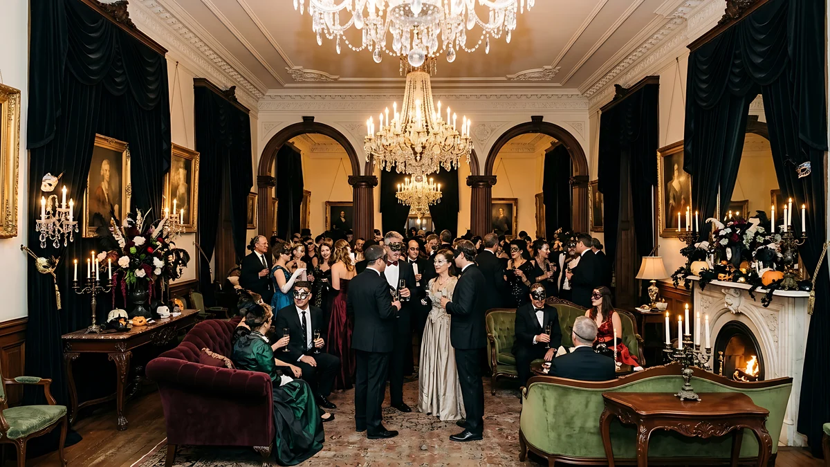 Guests in black tie at a formal ballroom wedding reception under crystal chandeliers