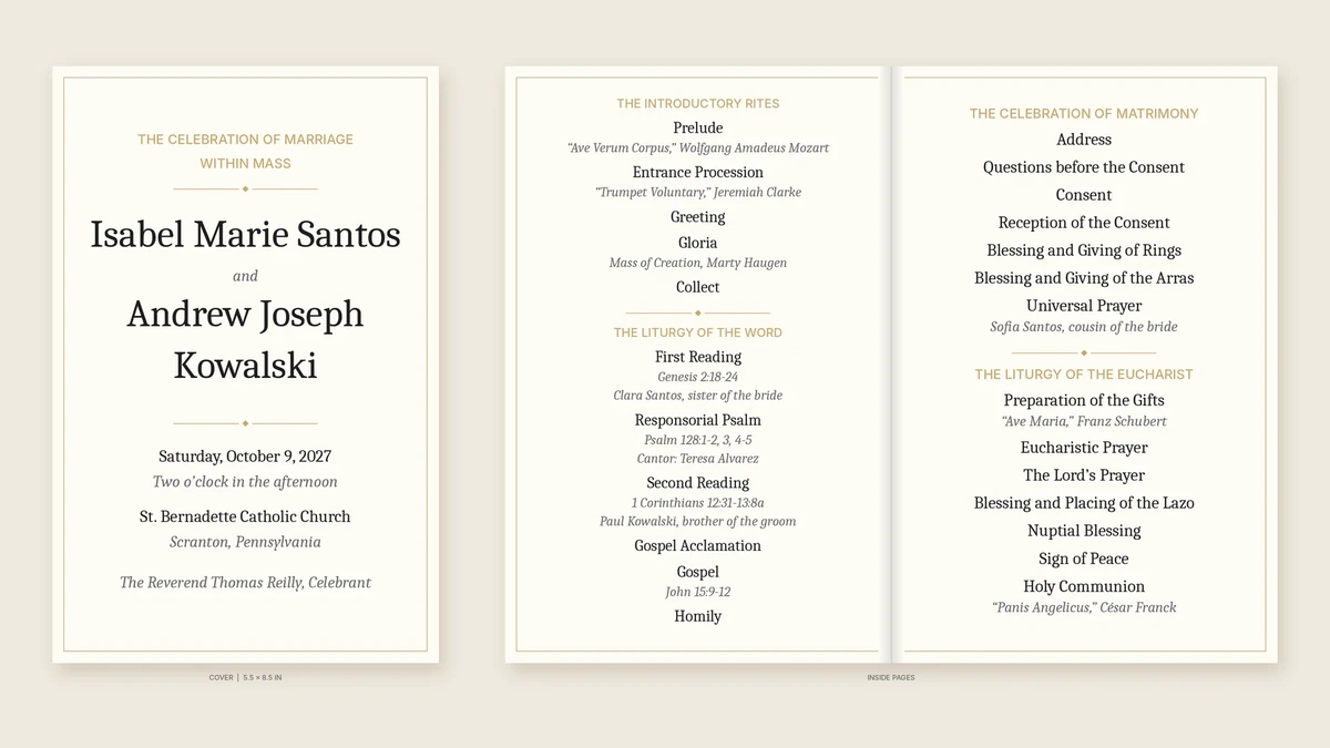 Folded 5.5 x 8.5 inch Catholic wedding Mass program booklet open to the Liturgy of the Word and the Celebration of Matrimony