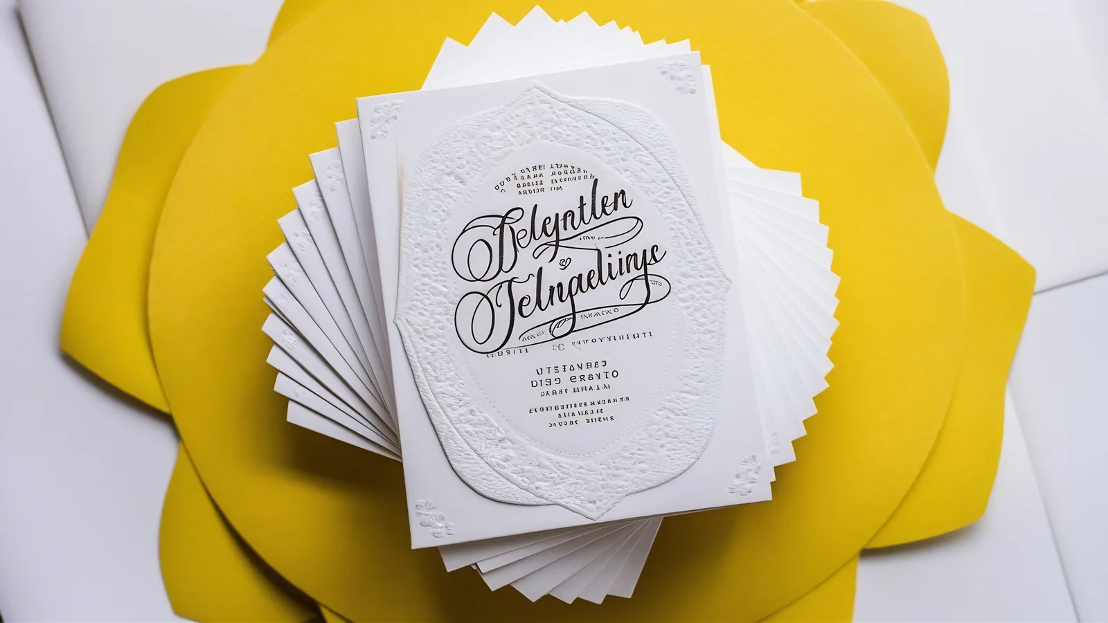 Fanned stack of printed wedding invitation cards on a yellow background