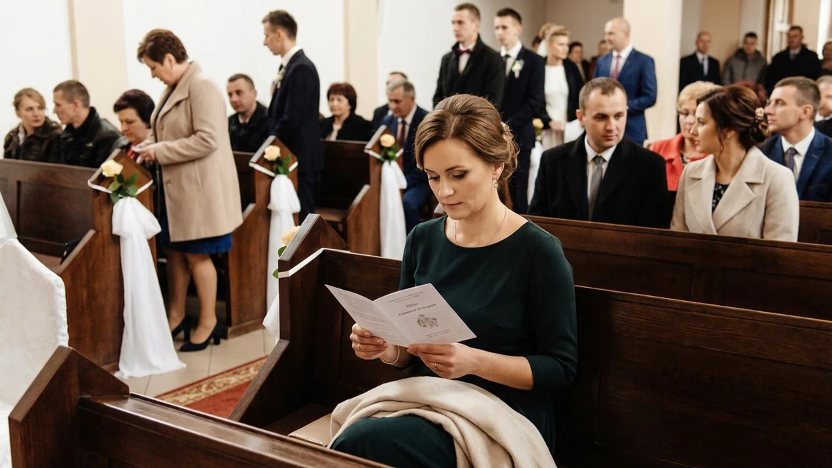 Wedding guest seated in a church pew reading a folded ceremony program before the service begins