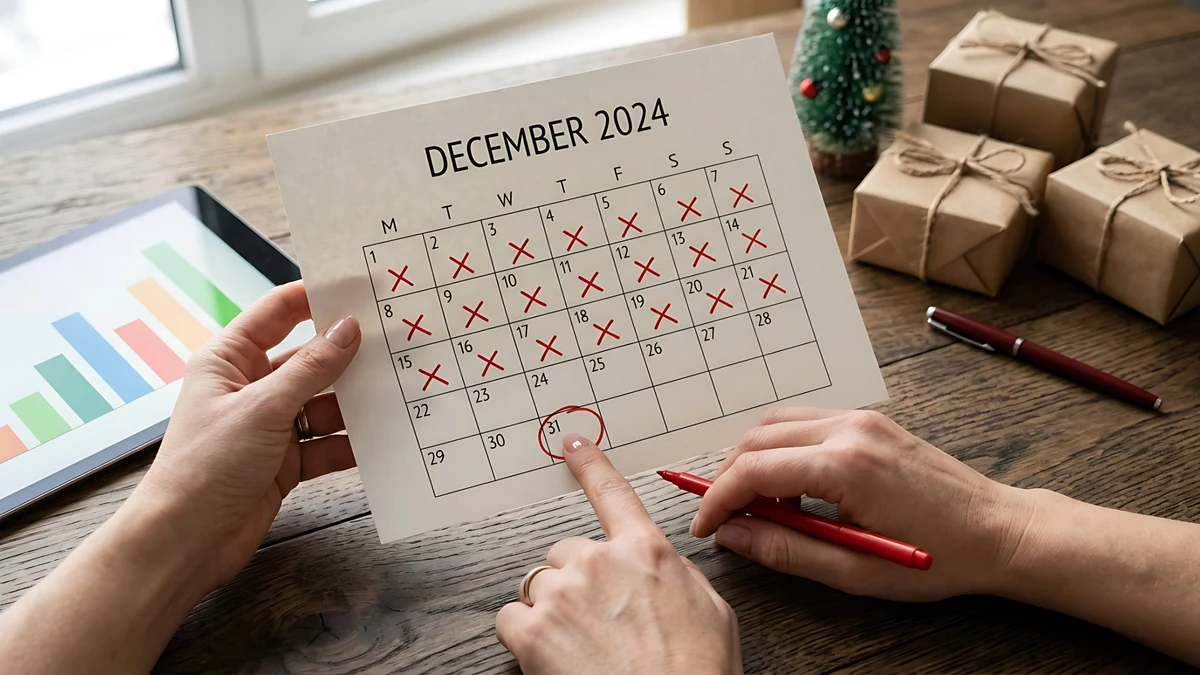 Hands marking a circled date on a paper calendar with a red marker beside a tablet and pen