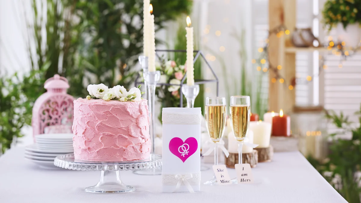 Pink celebration cake topped with white flowers beside champagne glasses and lit candles on a white table
