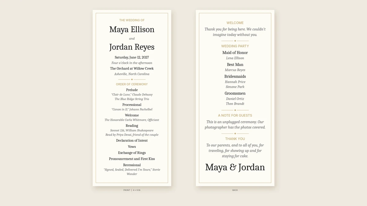 Double-sided 4 x 9 inch wedding program card showing a civil ceremony order on the front and the wedding party on the back