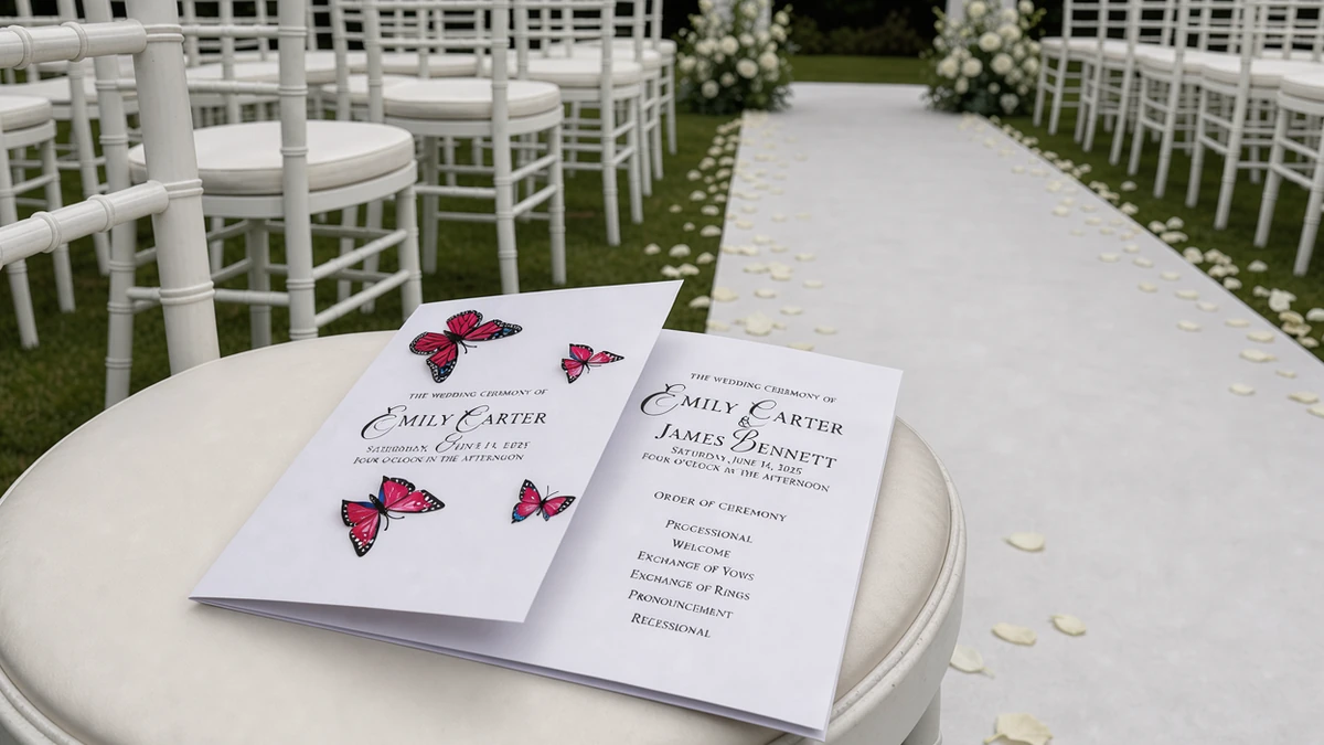 Printed wedding ceremony programs resting on a white guest chair beside a petal-lined aisle
