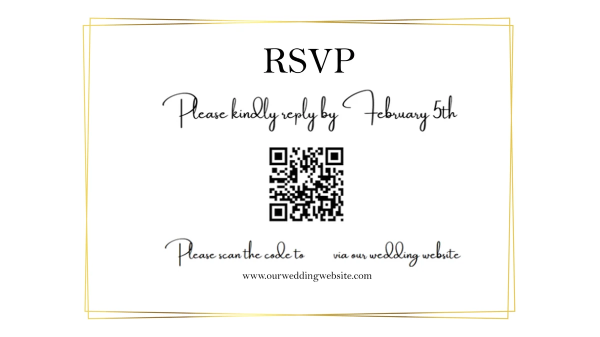 RSVP card with a QR code linking to a wedding website and a printed reply by date