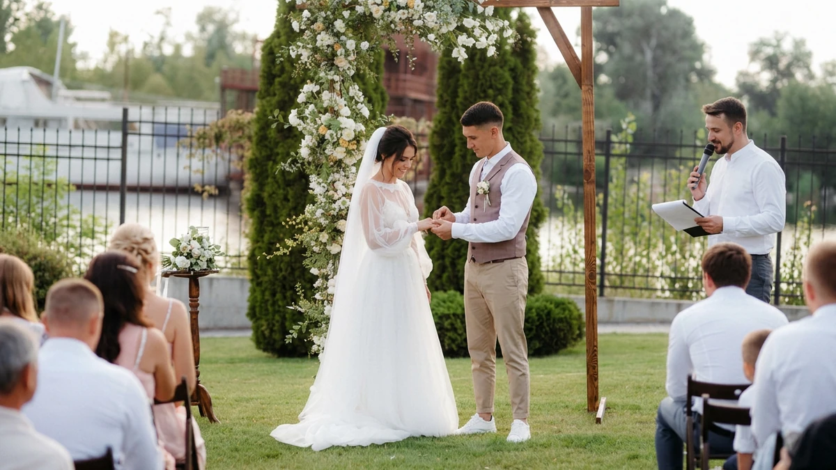 Groom placing a ring on the bride’s finger at a small outdoor ceremony in front of a handful of seated guests