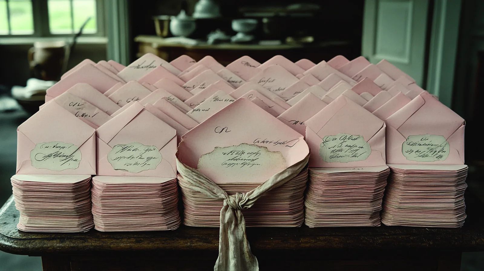 Stacks of addressed pink wedding invitation envelopes for mailing.