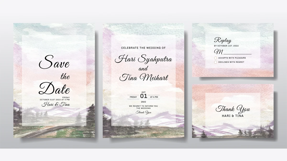 Watercolour mountain landscape save the date suite with matching invitation, reply and thank you cards