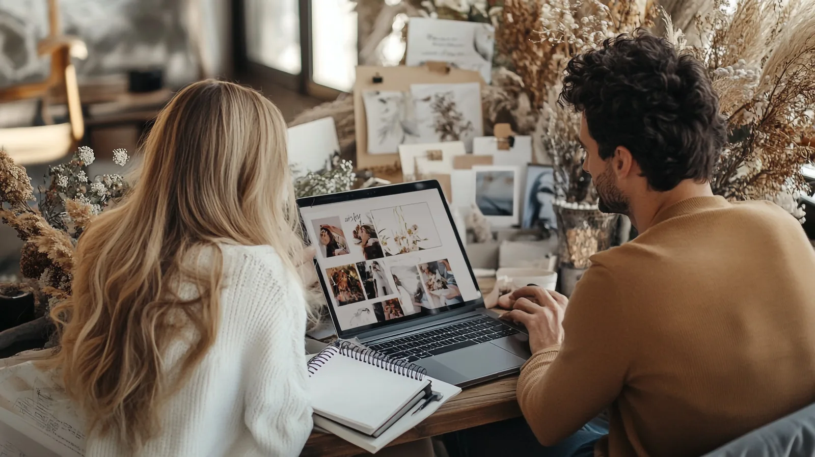 Couple reviewing wedding design ideas on a laptop while planning their budget