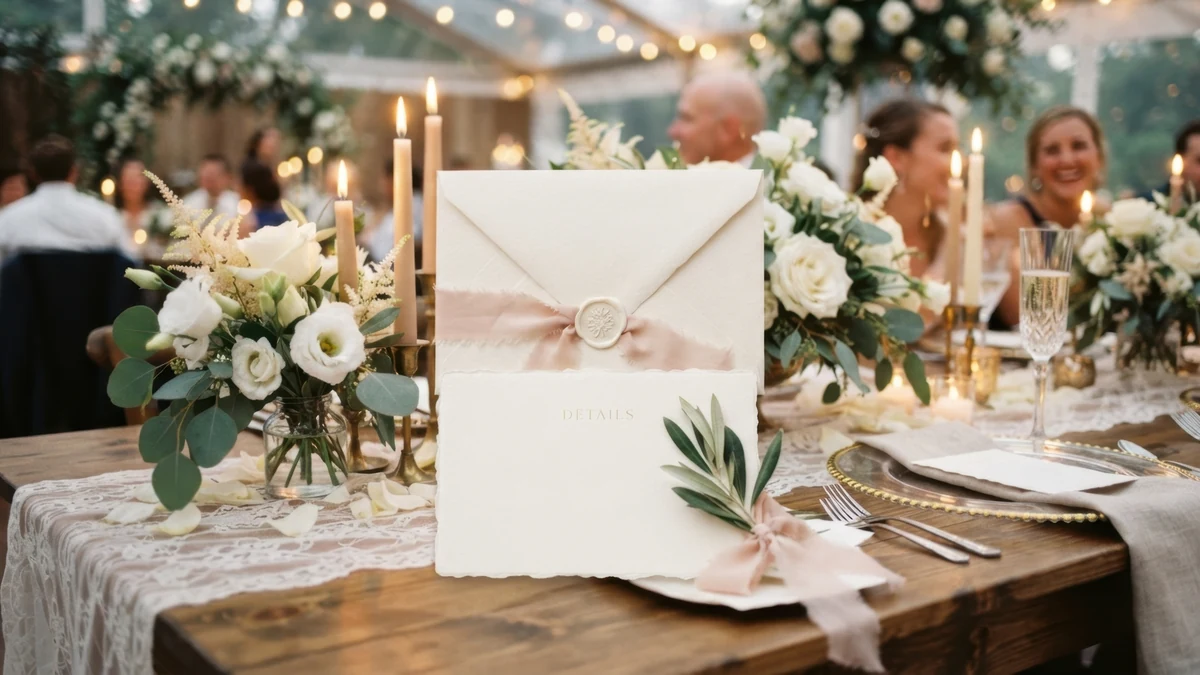 Wedding details card with a wax seal and silk ribbon set at a candlelit reception place setting