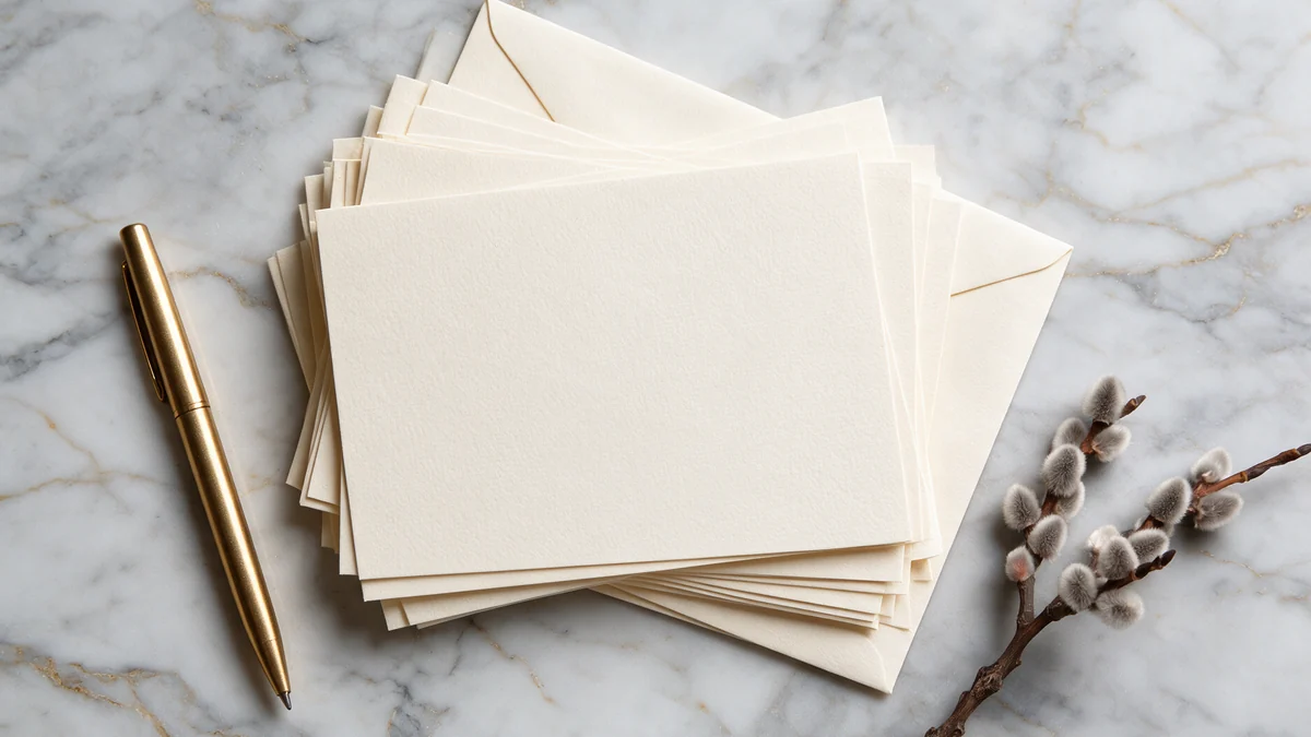 Stack of blank cream thank you cards and matching envelopes with a gold pen on a marble surface