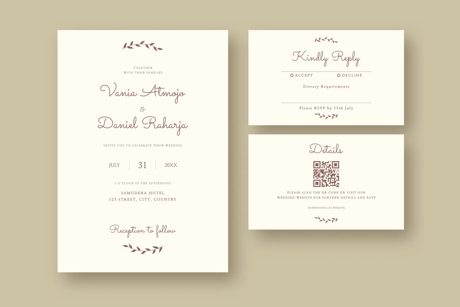 Wedding invitation suite with reply card and details card laid flat on a neutral background