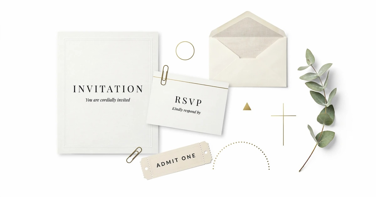 Wedding invitation and RSVP reply card reading "kindly respond by" laid out with an envelope, ticket and eucalyptus