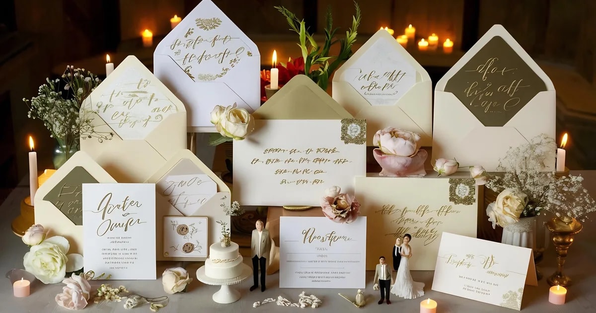 Wedding invitation suites with lettered envelopes and candles arranged on a table