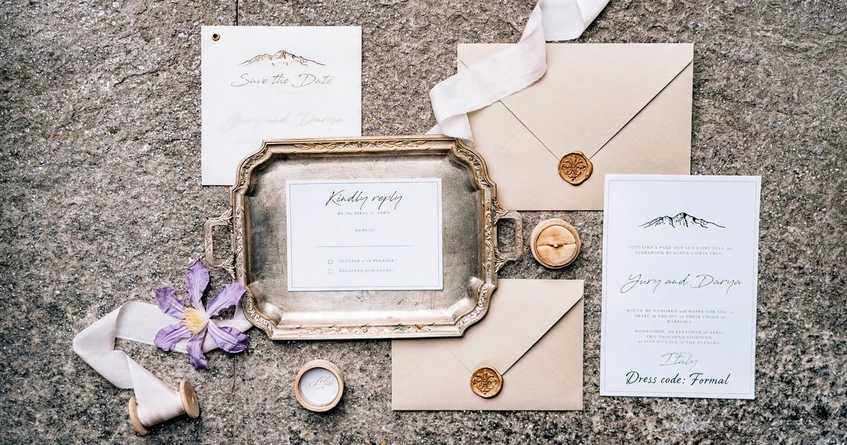 Wedding invitation suite on stone with a formal dress code line printed at the bottom of the invitation