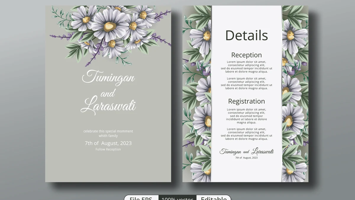 Floral wedding invitation card with green leaves and white daisies on a soft neutral background