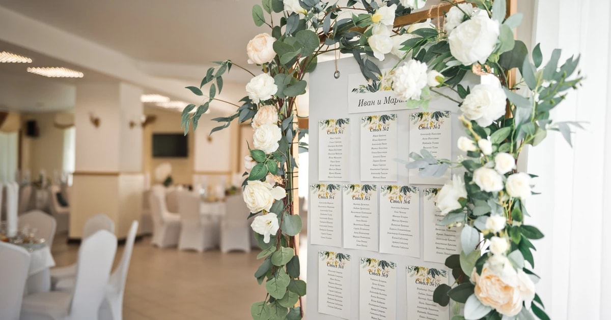 Floral framed wedding seating chart board listing guests by table at a reception entrance