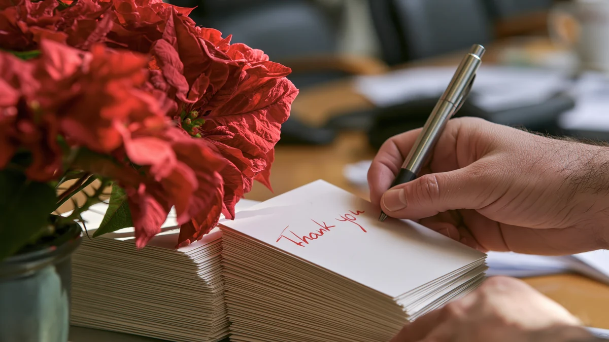 Person writing thank you on the top card of a large stack of blank cards at a desk