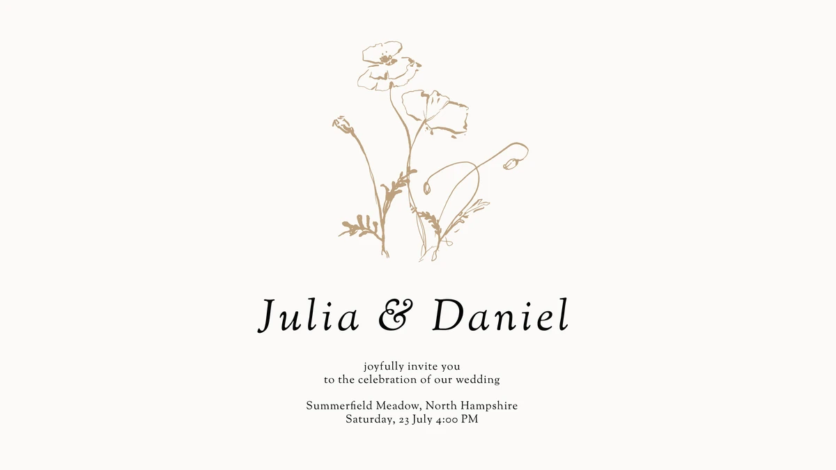 Minimalist card showing the couple's names, venue and date beneath a line drawn wildflower motif