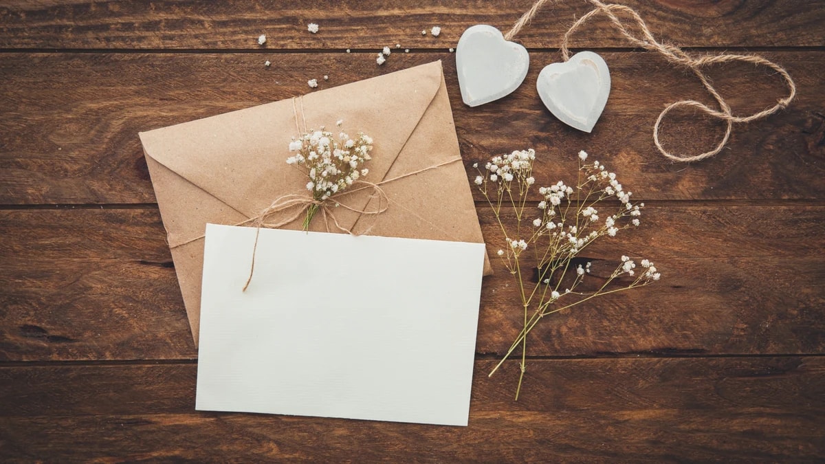 Blank cream card on a kraft envelope with gypsophila and wooden hearts on dark wood