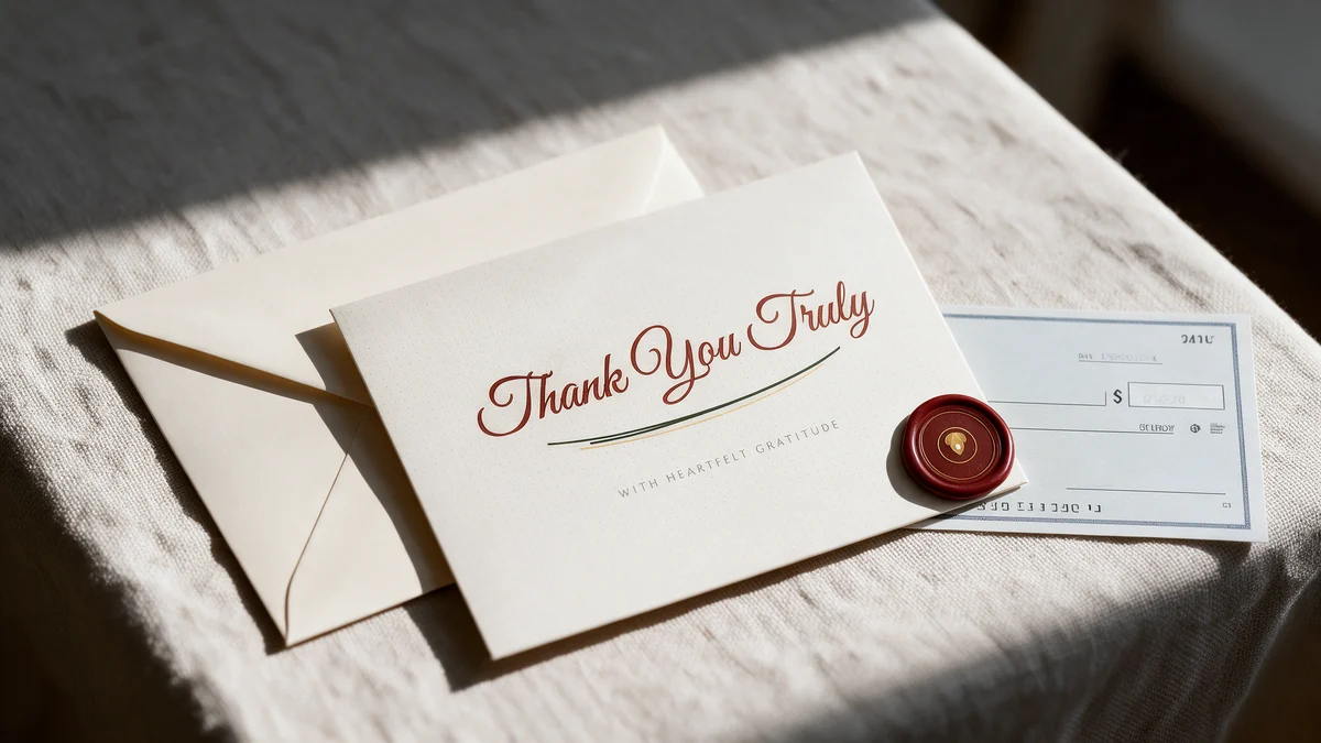 Wedding thank you card with a wax seal resting beside its envelope and a check on a linen tablecloth