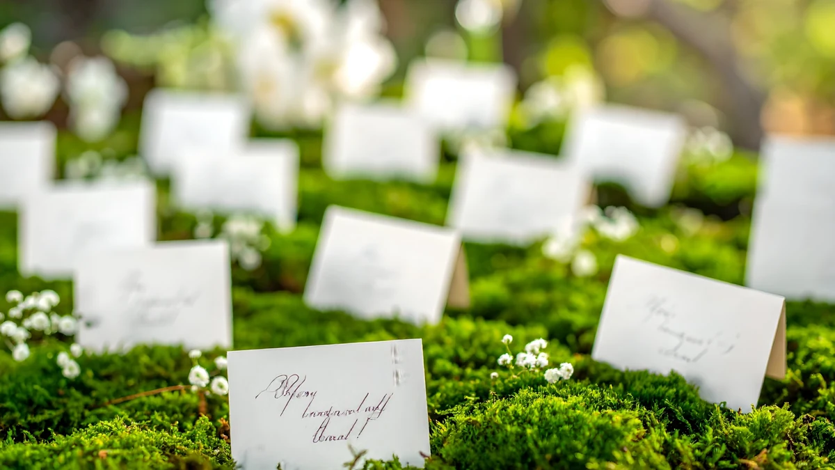 Folded white escort cards with handwritten calligraphy arranged on a bed of moss with gypsophila