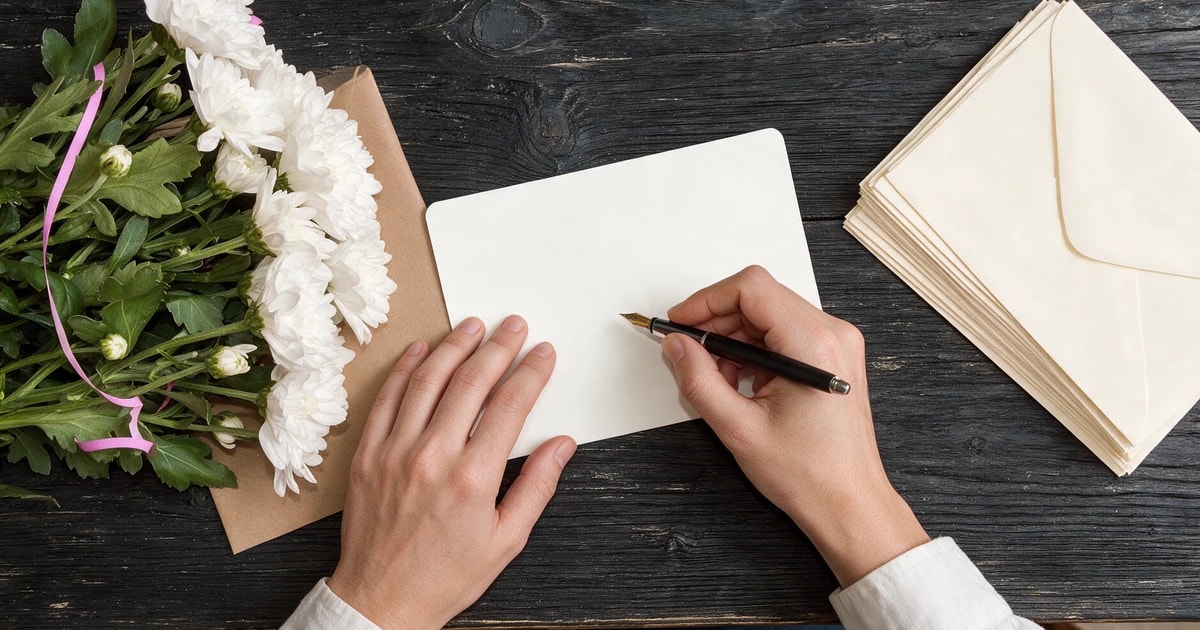 Hands writing a wedding thank you card with a fountain pen on a dark wood table beside cream envelopes and white flowers
