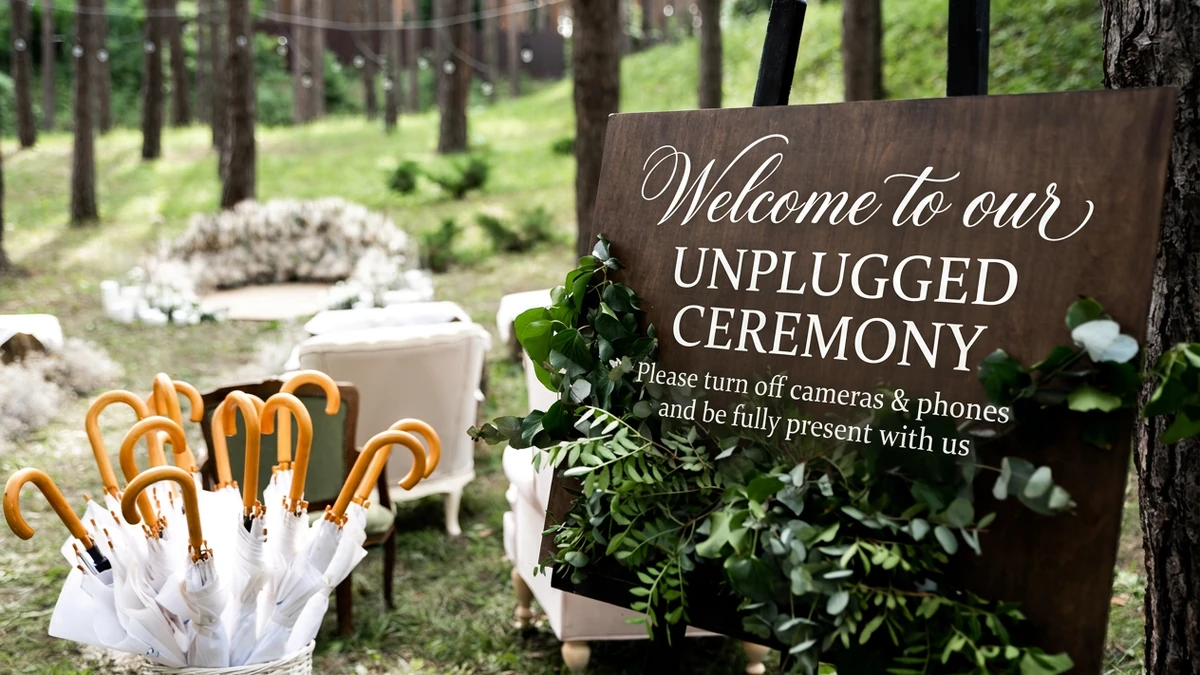 Wooden unplugged ceremony sign on an easel asking guests to turn off cameras and phones, beside a basket of umbrellas