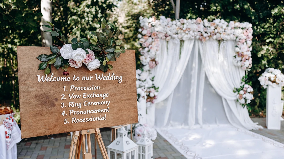Large wooden easel sign listing the order of ceremony at the entrance to a garden wedding