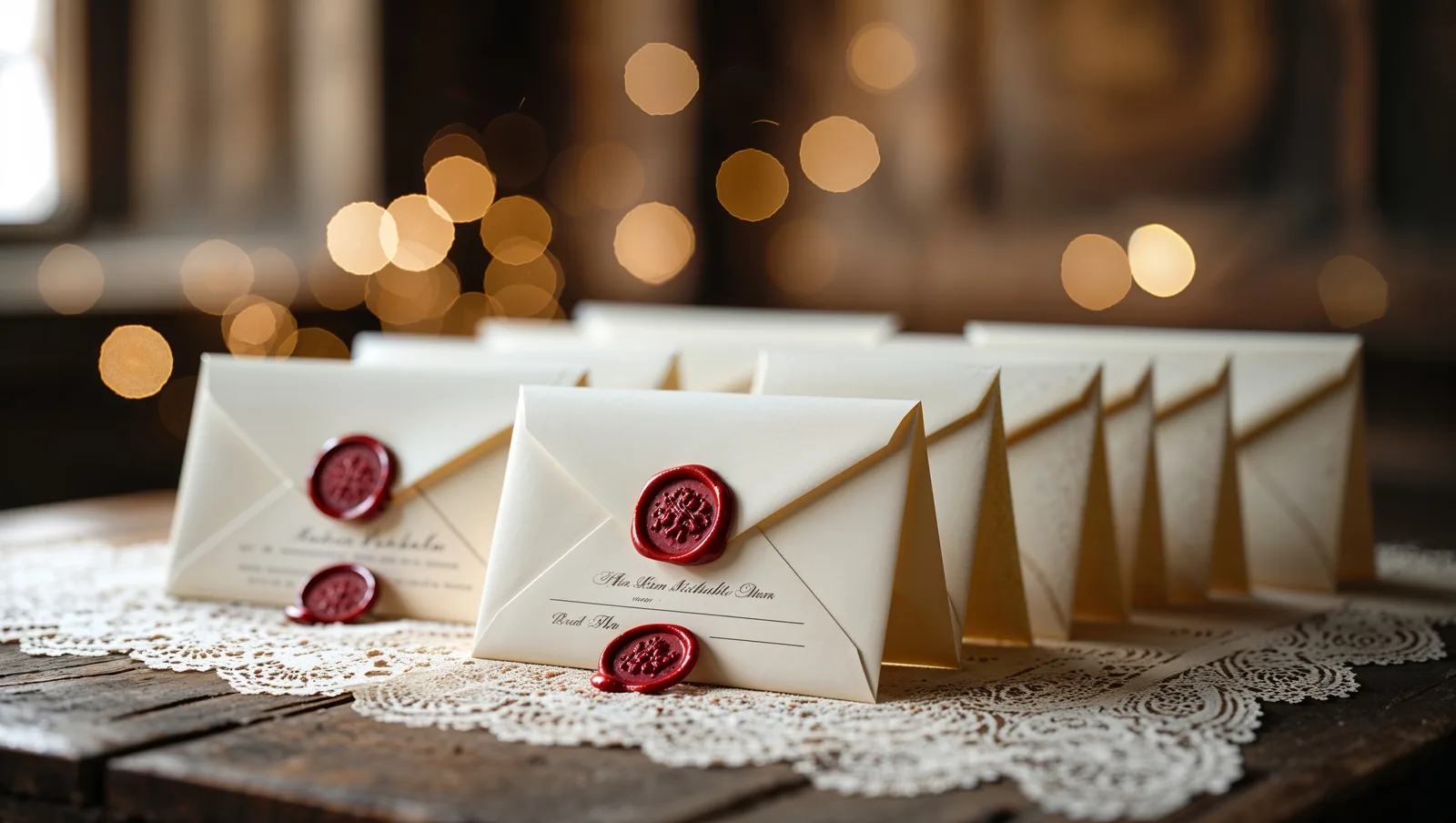 Stacks of addressed wedding invitation envelopes bundled for mailing