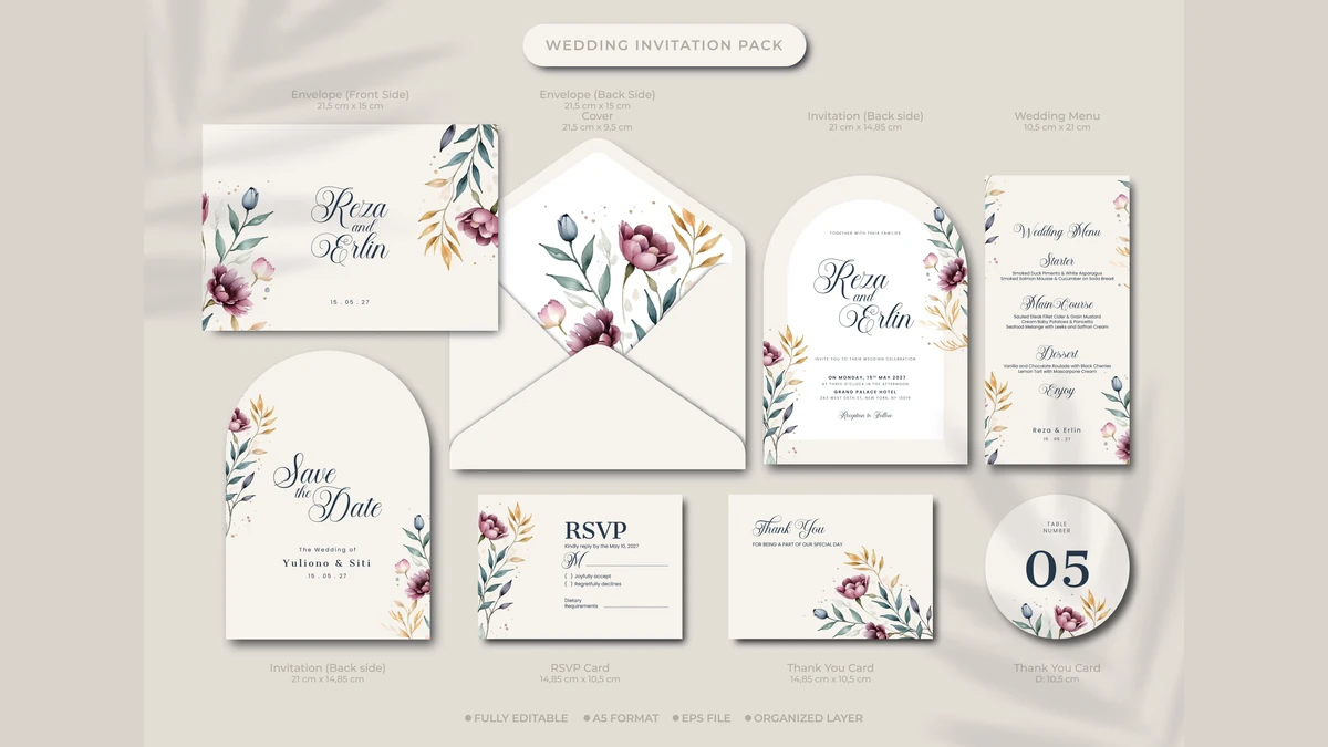 Full wedding stationery suite showing the invitation, save the date, RSVP card, menu and thank you card