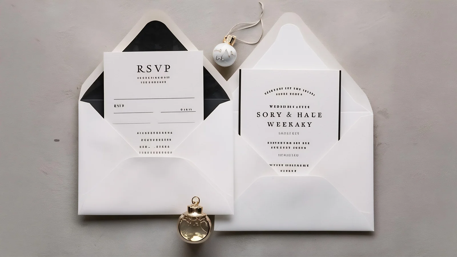 Wedding invitation and RSVP card tucked into matching white envelopes on a grey background