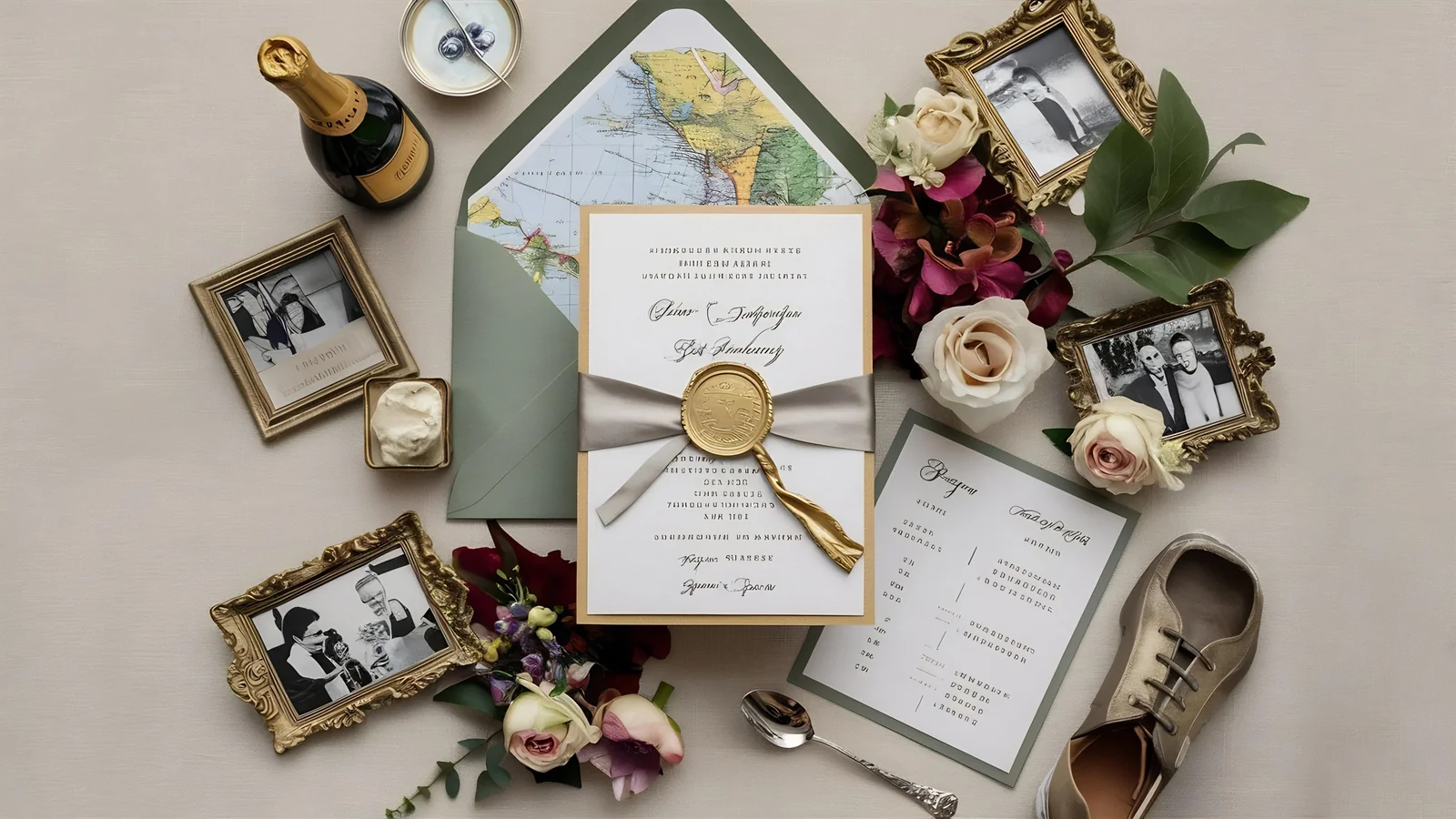Destination wedding invitation flat lay with a map-lined envelope, champagne, and travel details