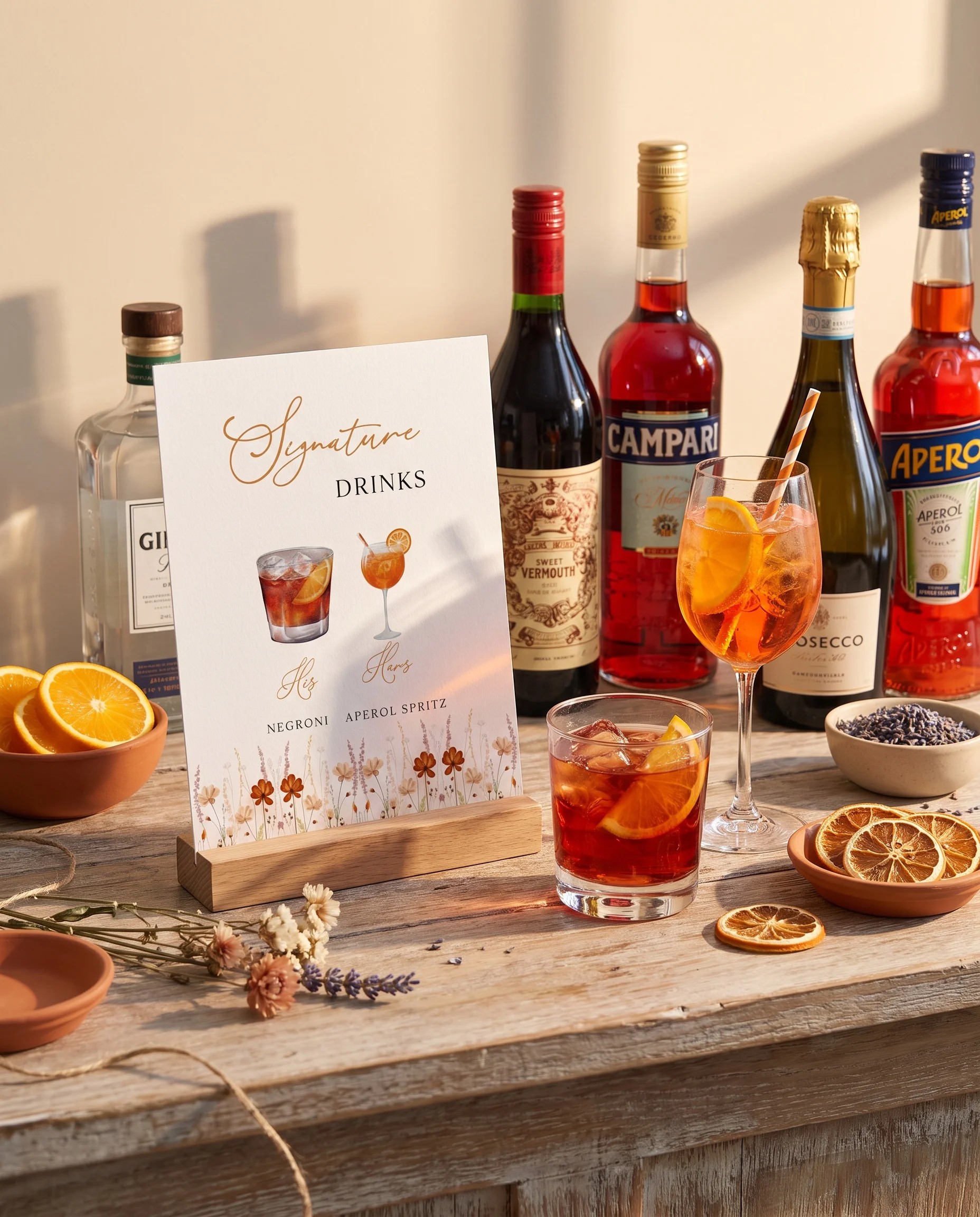 Amber Meadow — bar menu displayed on a drinks station under soft natural light with a slight overhead angle, bar menu template.