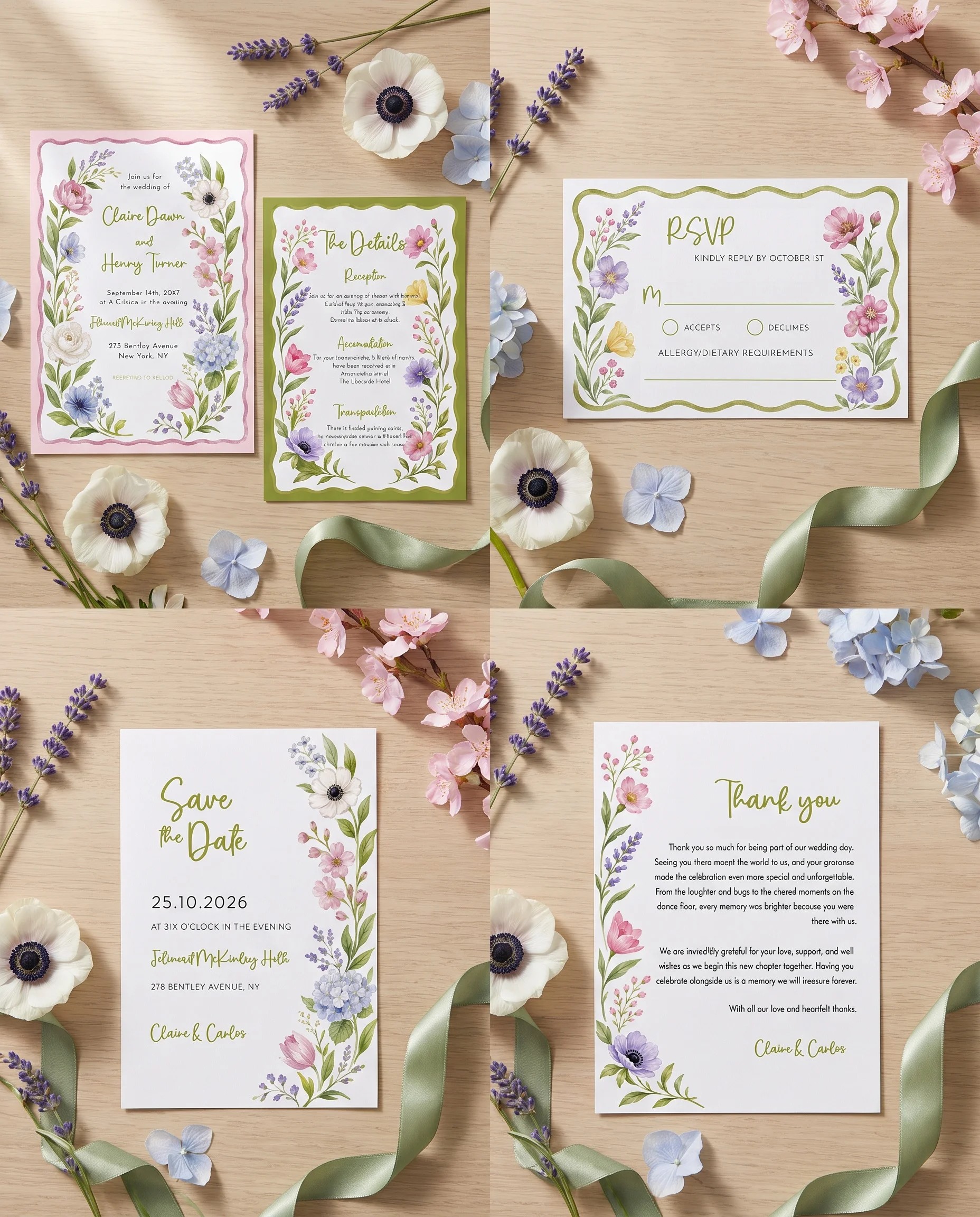Anemone Toast wedding invitation set — Invitation, details card, RSVP, save the date and thank you card shown in a flat lay, wedding invitation suite