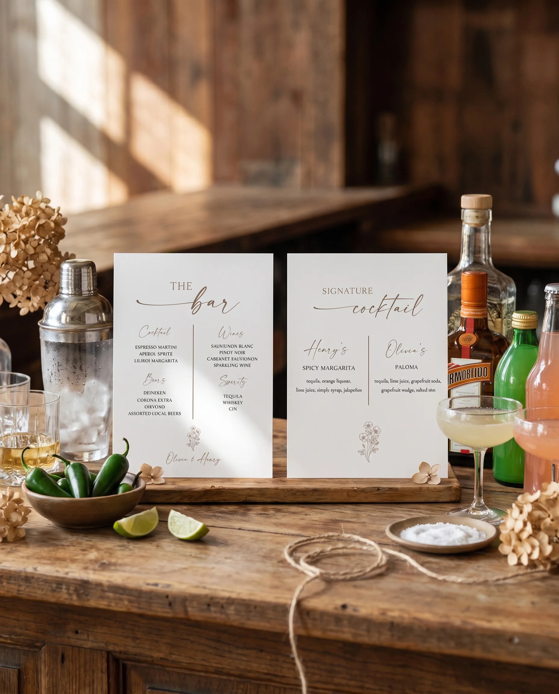 Anemora — two-page bar menu displayed on a drinks station under soft overhead light, bar menu template