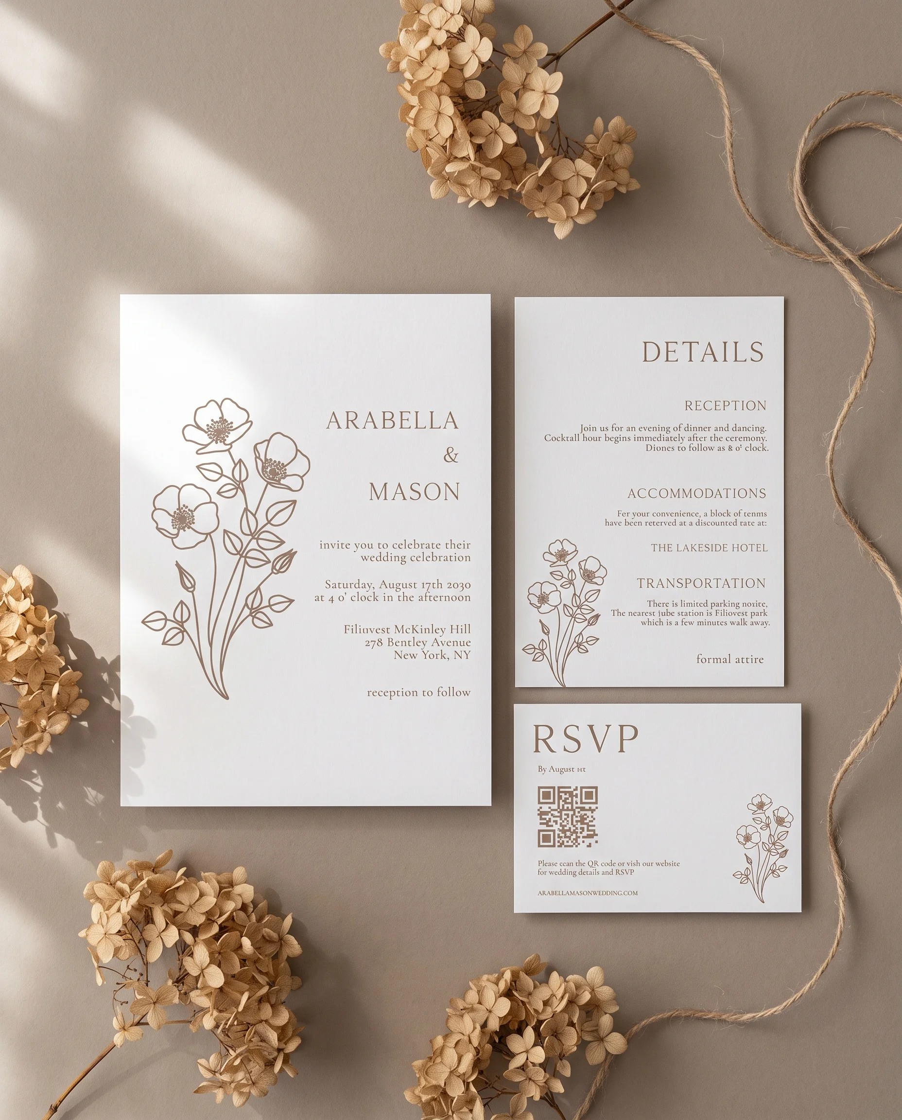 Anemora wedding invitation set — page 1, page 2, page 3, printable wedding stationery template