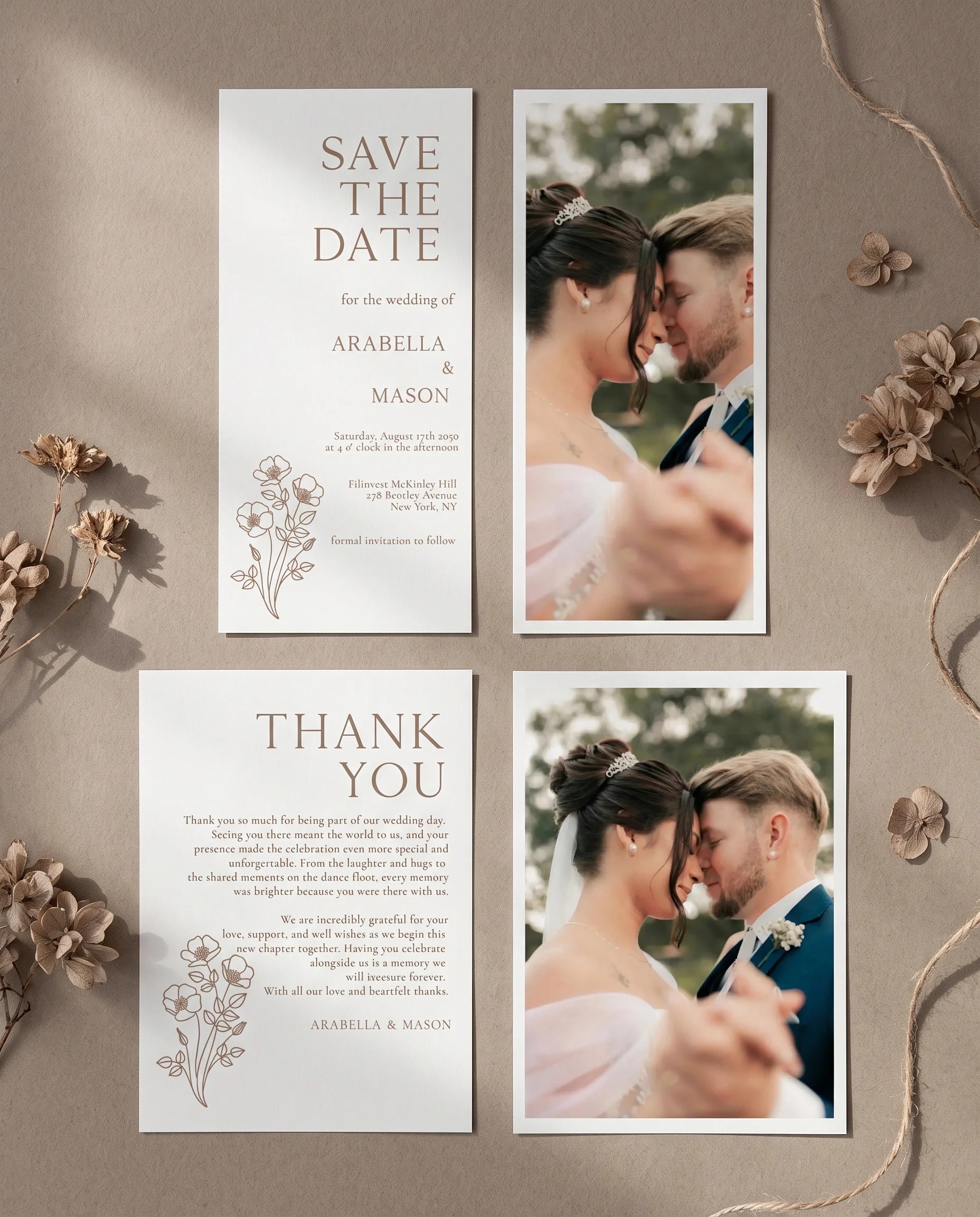 Anemora wedding invitation set — invitation, details card, RSVP card, thank you card, printable wedding stationery template