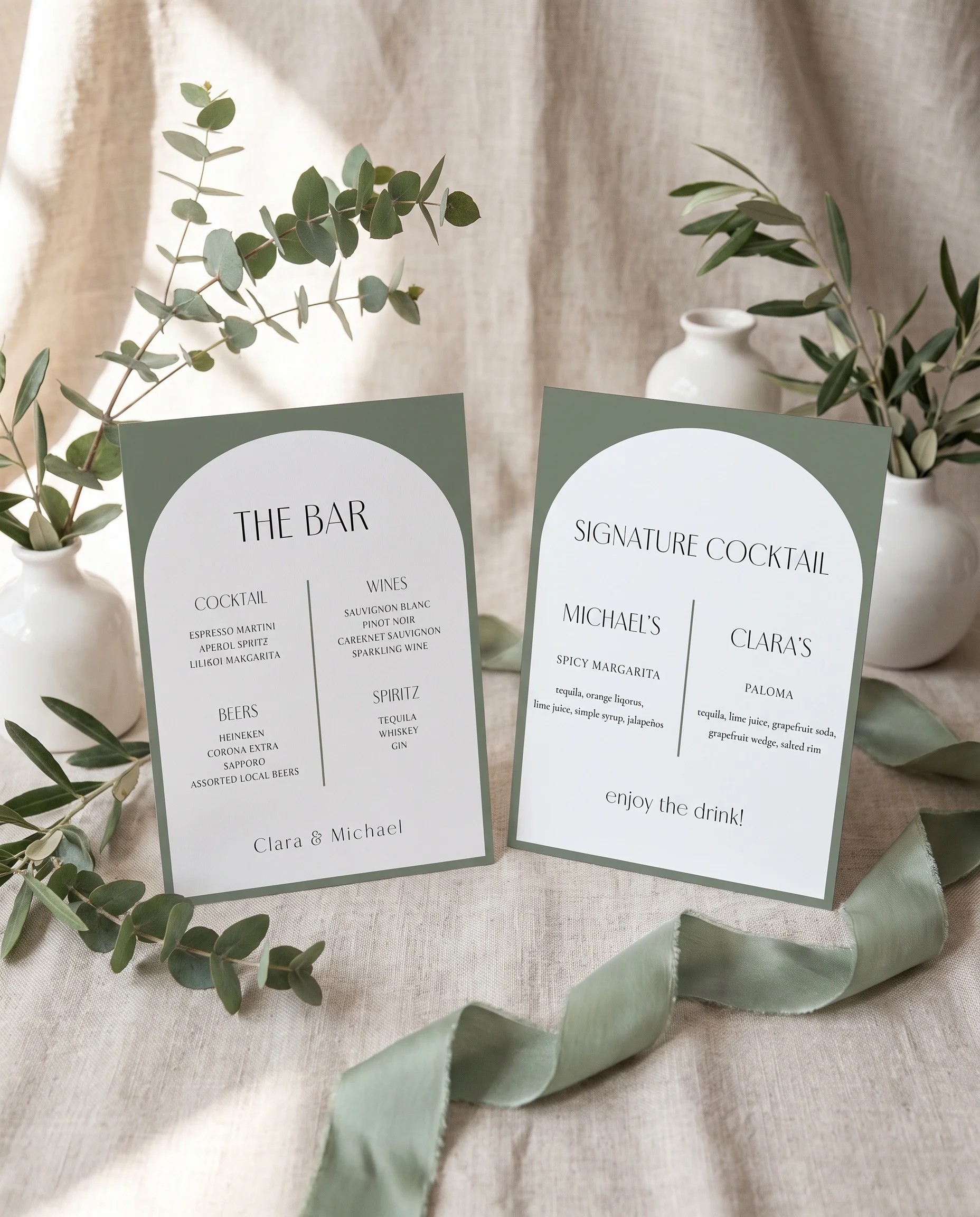 Arc Vale — two menu pages displayed upright under soft natural light at a slight overhead angle, wedding bar sign