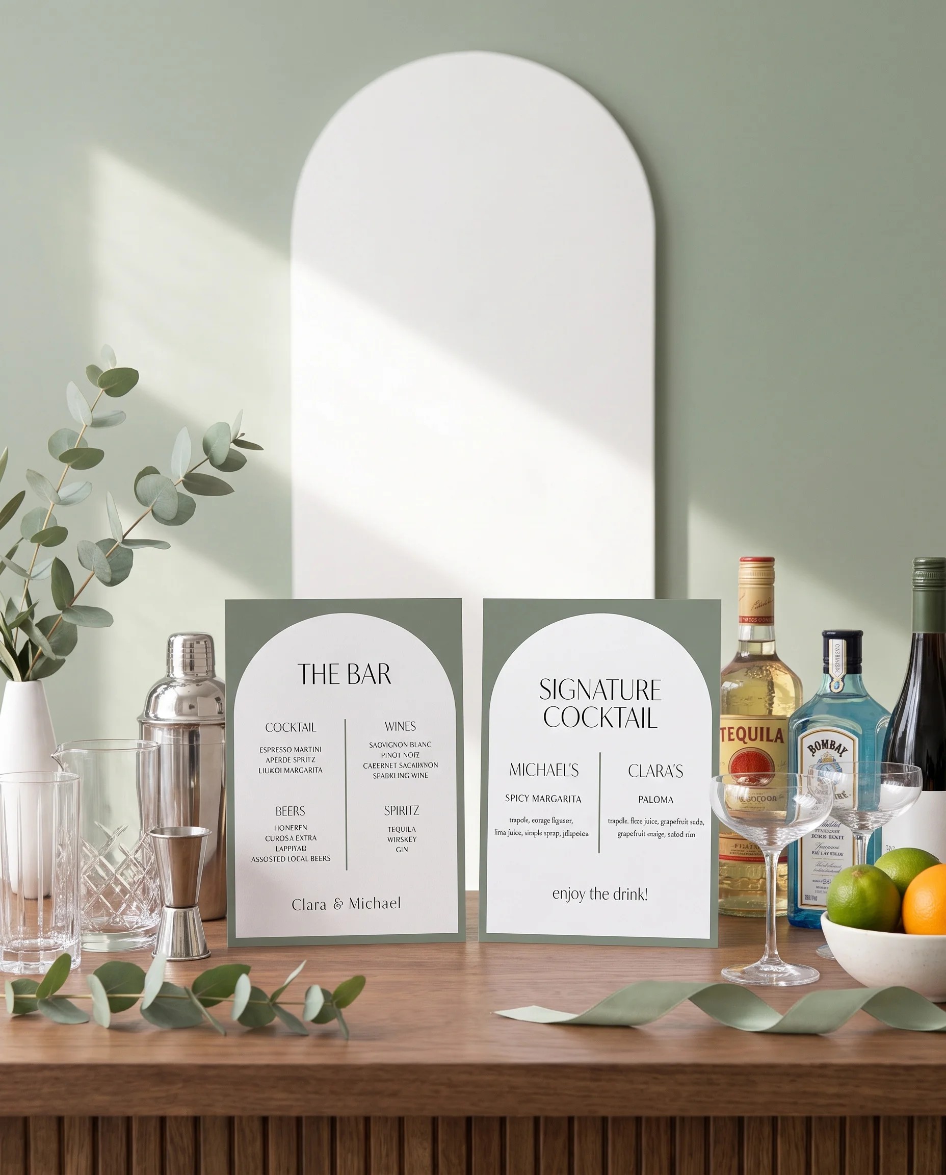Arc Vale — two-page bar menu displayed on a drinks station under soft natural light, bar menu template.