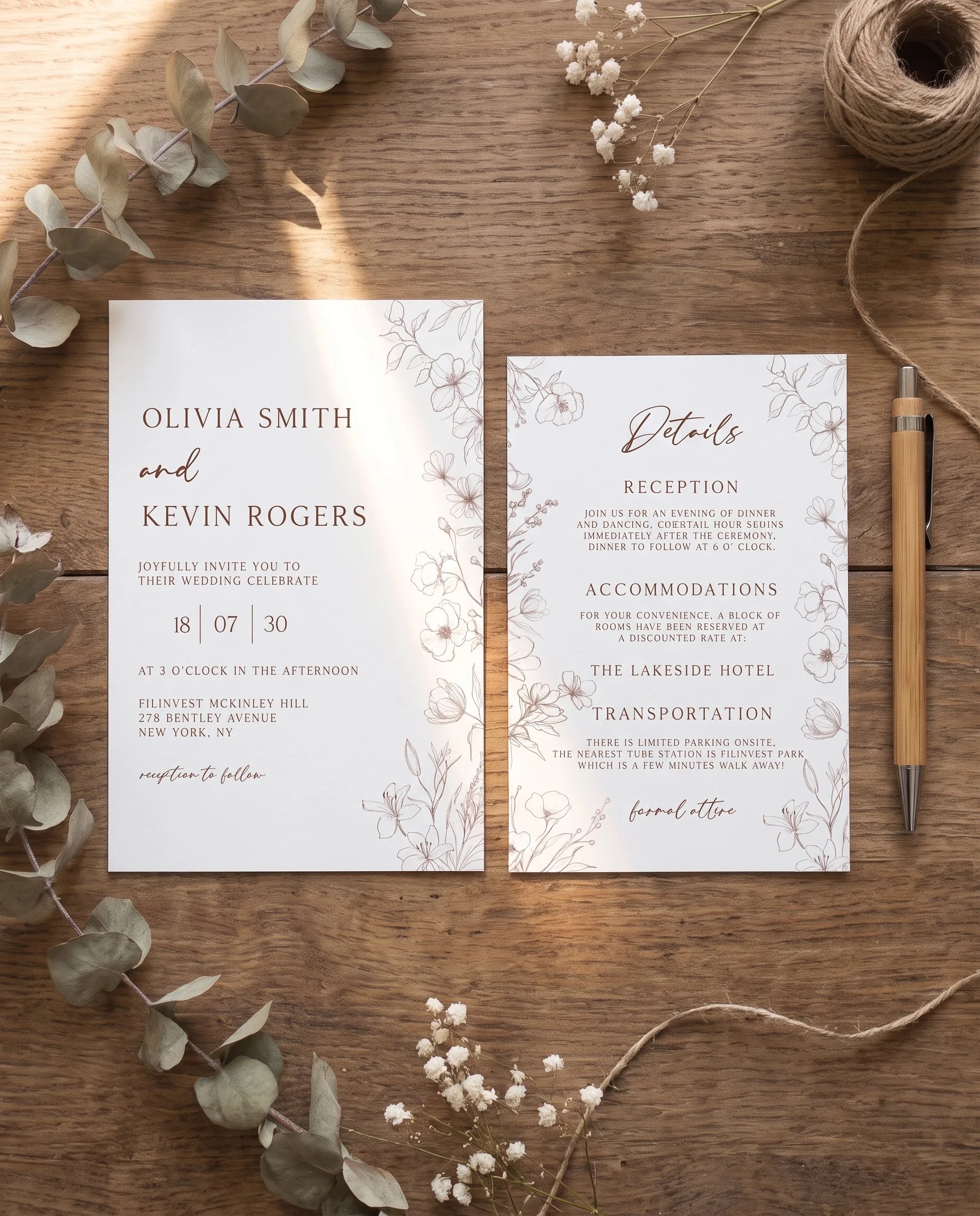Arrow Bloom wedding invitation suite — invitation and details card arranged together in a flat lay, wedding details card.