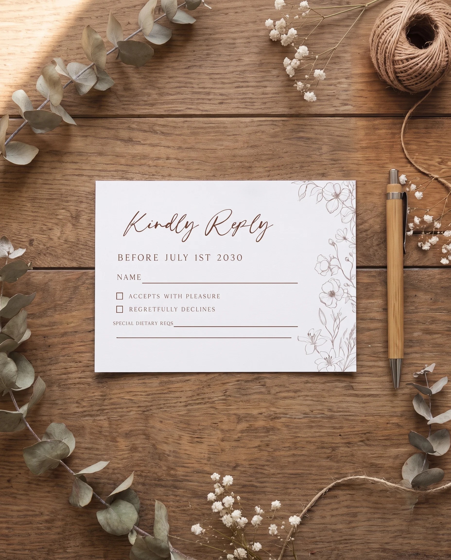 Arrow Bloom wedding invitation suite — RSVP card shown in a flat lay, wedding RSVP cards.