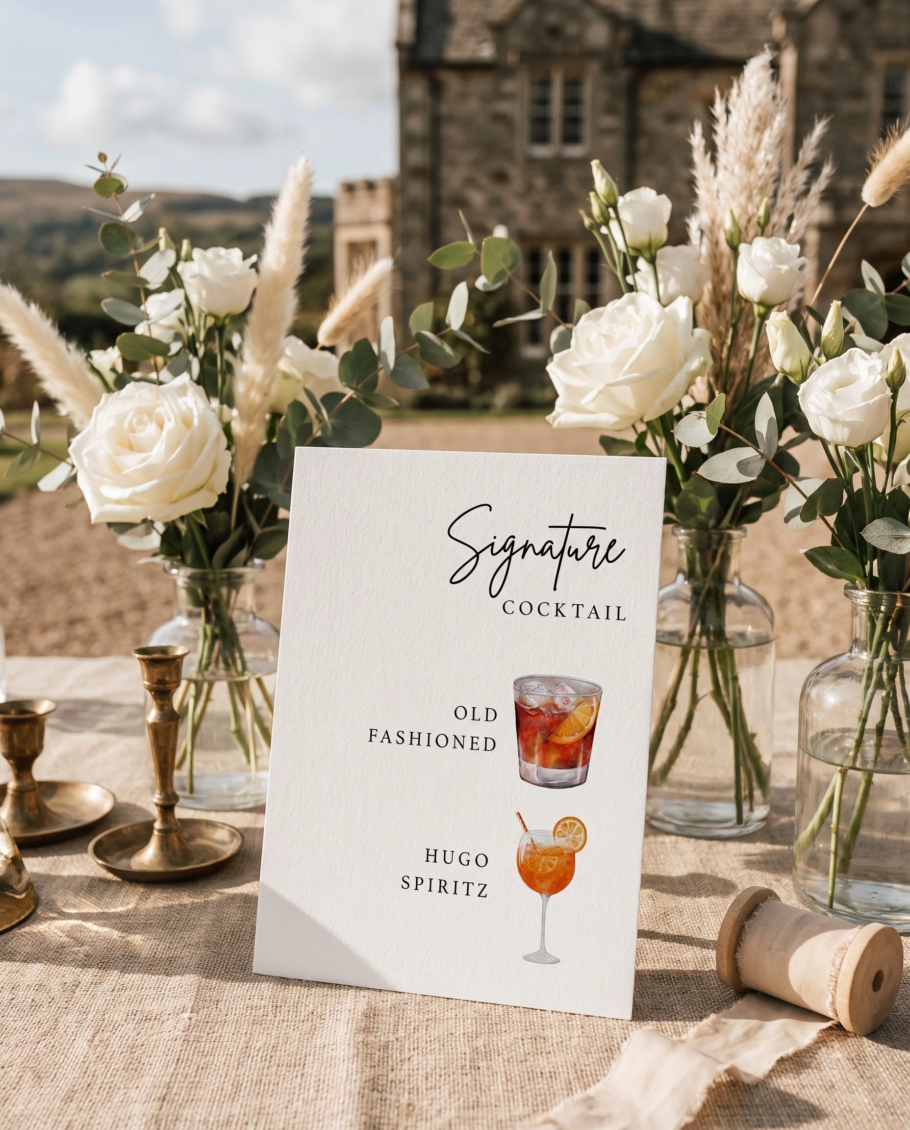 Arrowcrest — Bar Menu displayed upright in a styled setting under soft natural light at a slight overhead angle, wedding bar sign.
