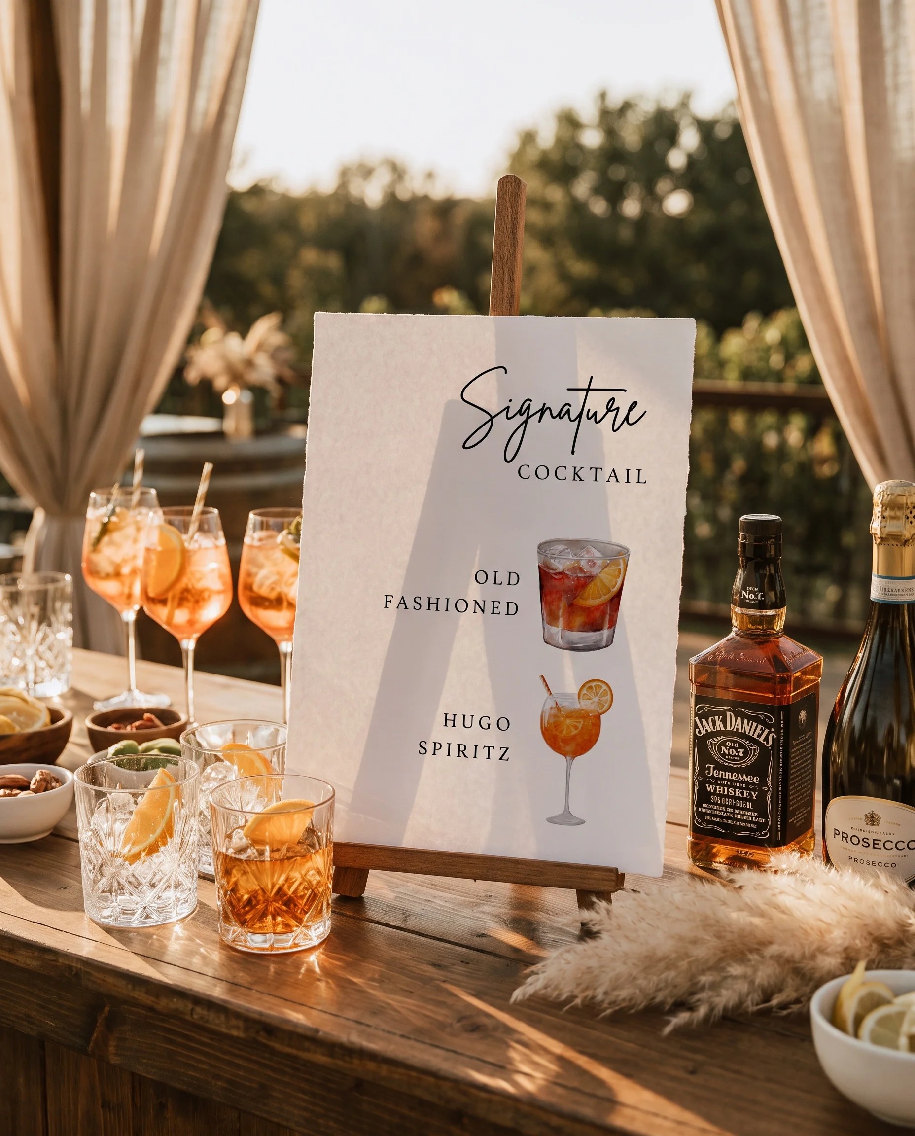 Arrowcrest — bar menu page displayed on a drinks station under soft natural light, slight overhead angle, bar menu template.